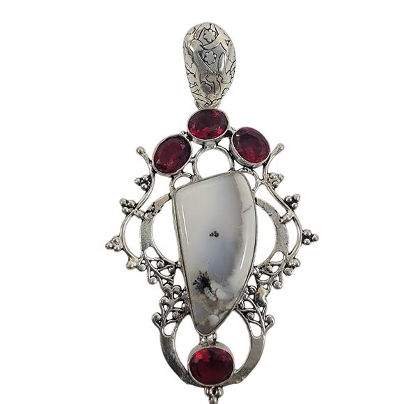 Handmade Silver Pendant with Dendritic Opal & Red Garnet in Ornate Setting - Picture 1 of 10